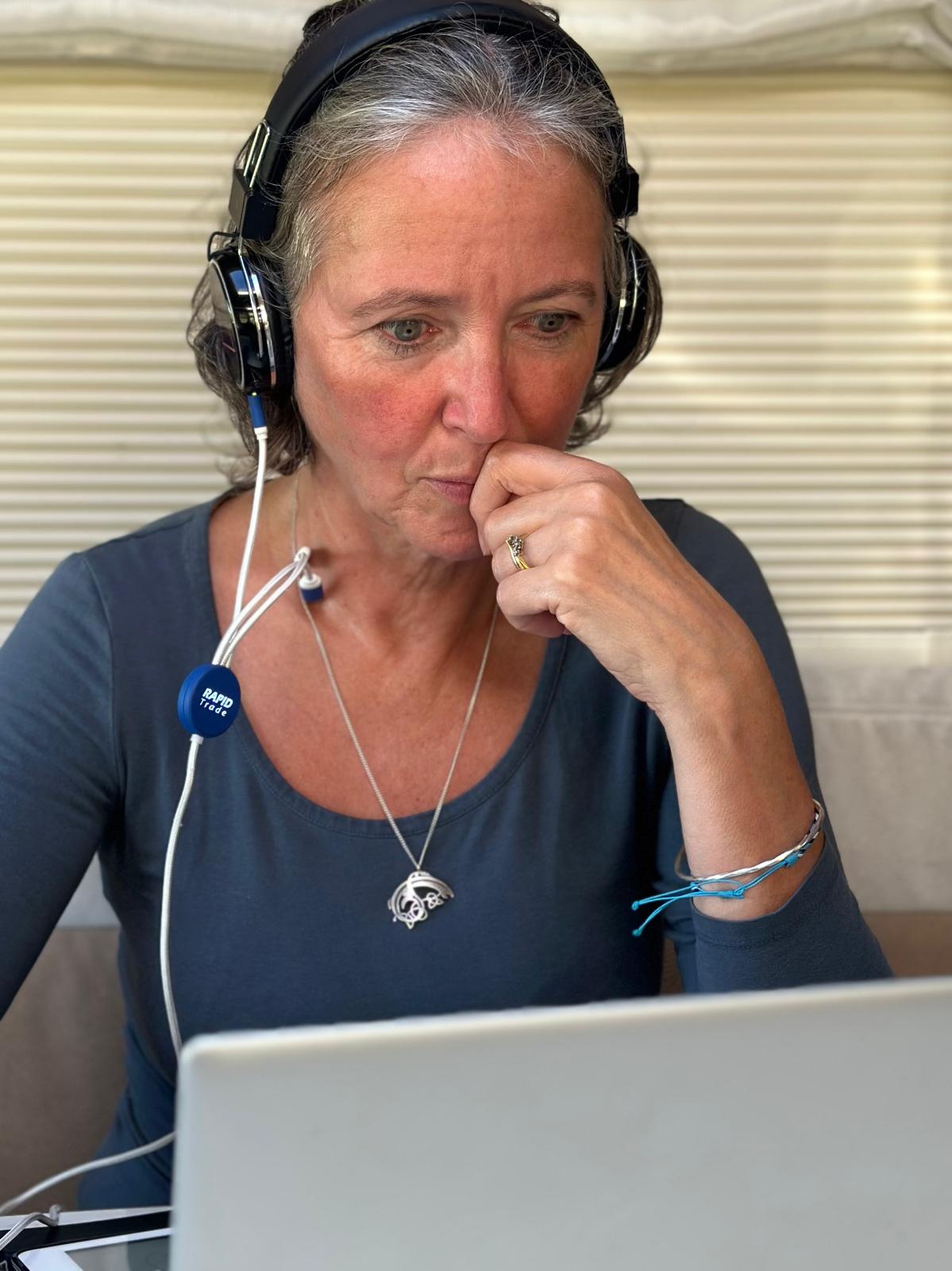 Nikki Nash teaching an online maths lesson from her desk
